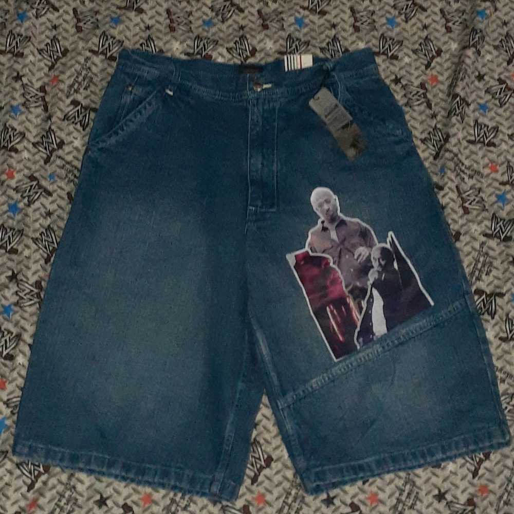New 2 Pac Makaveli Brand Denim Blue Jean Shorts Jeans Vintage Tupac Shakur